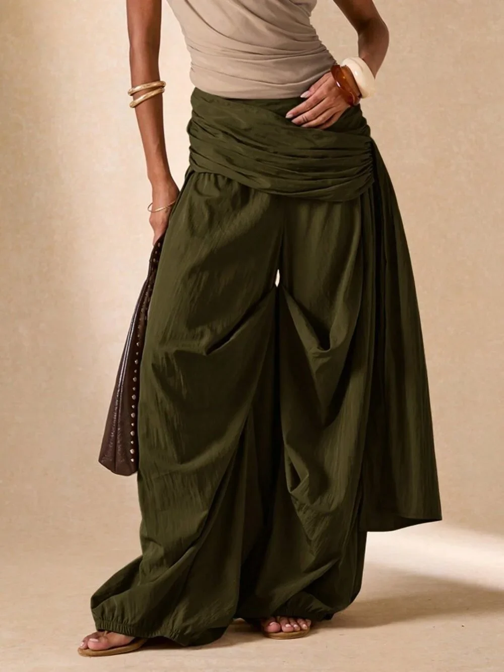Army Green Boho Women's Pleated Wide-Leg Pants